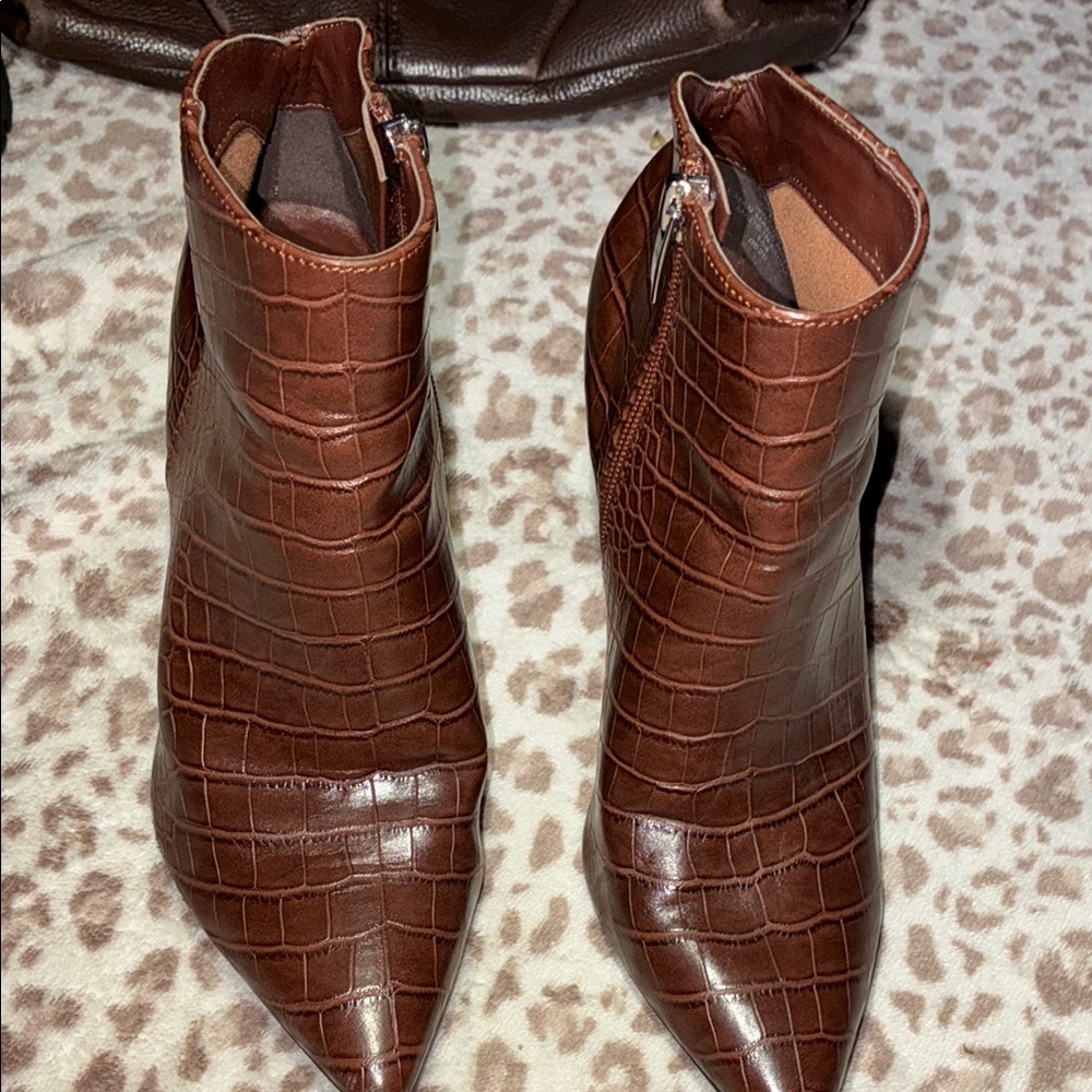 Brown Croc-Embossed Ankle Boots